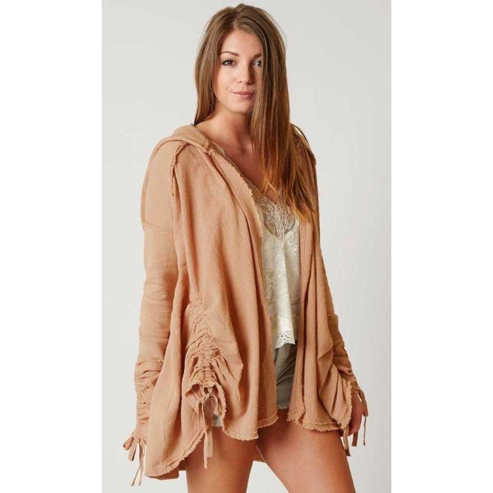 Free People Beach Ruffled Drawstring Hoodie Women XS Tan Gauze Open Front